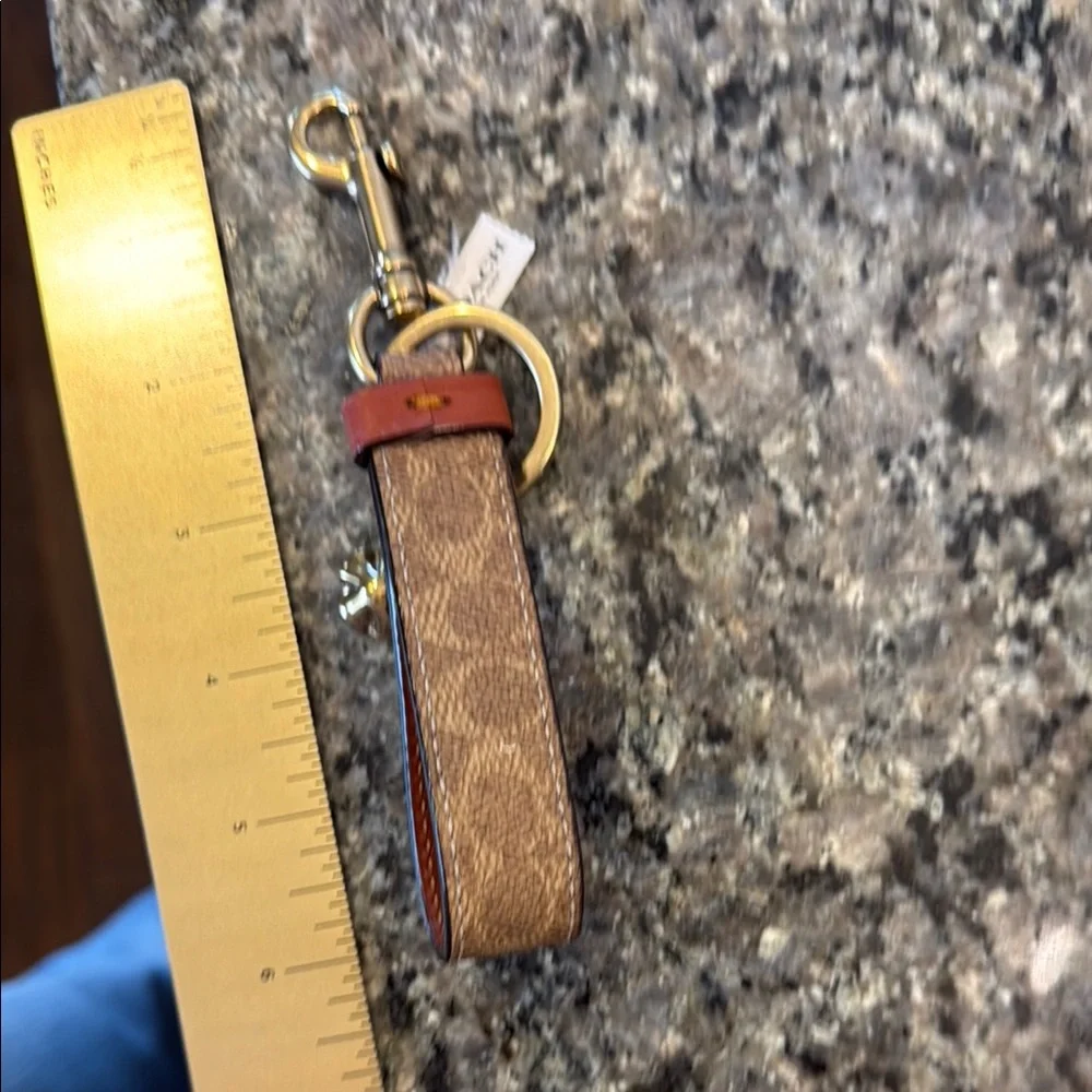 Coach Signature Charm Loop keychain key ring fob Brown and Gold tea rose NWT